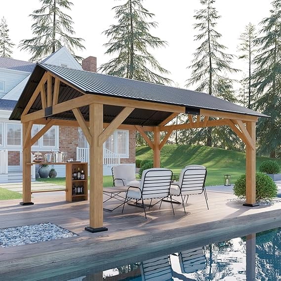 Jocisland Wood Gazebo with Bar Storage, Hardtop Wooden Pavilion with Metal Steel Gable Roof