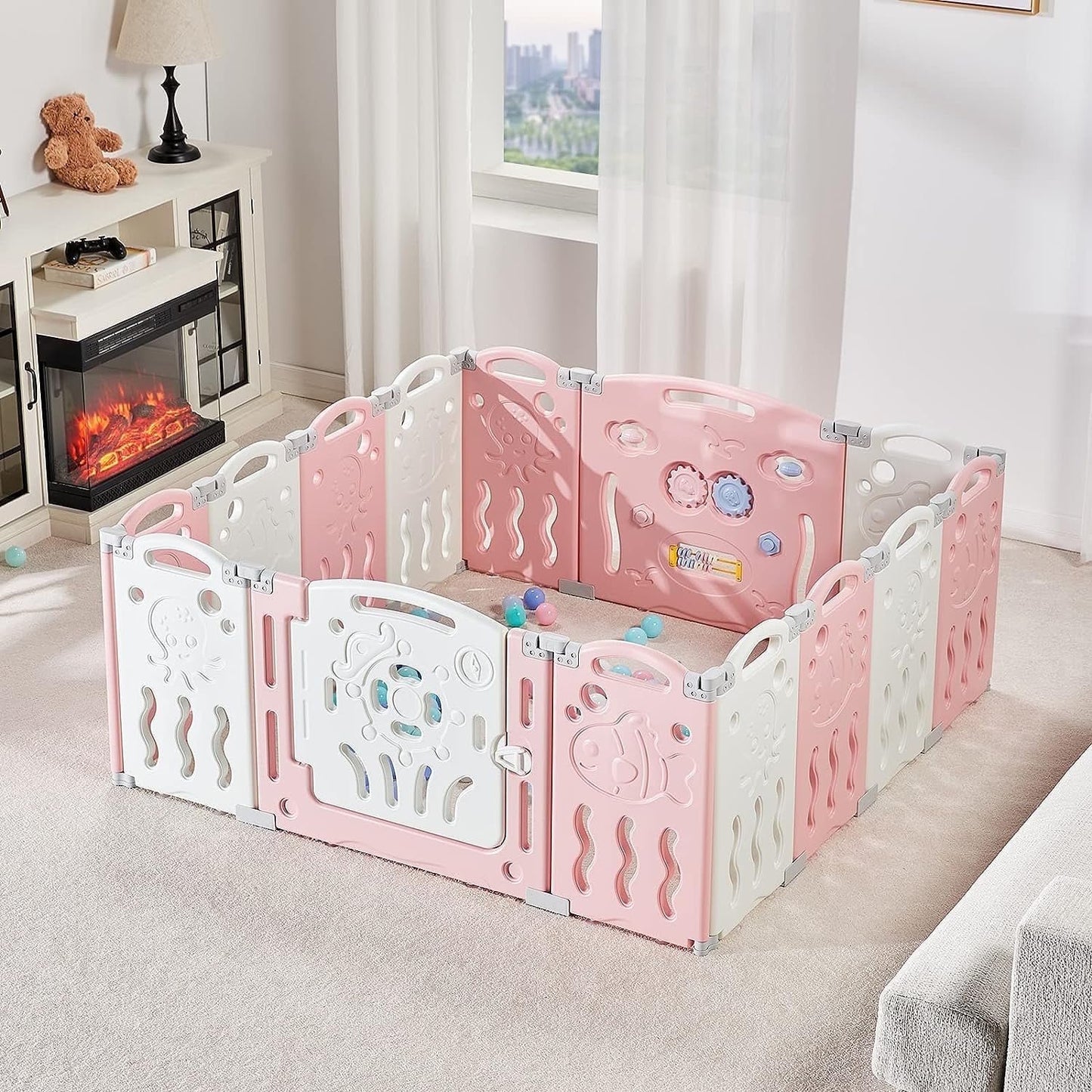 Jocisland 14-Panel Baby Playpen with Game Panel & Safety Gate, Foldable, Adjustable Shape, Portable Play Yard for Toddlers (Pink+White)