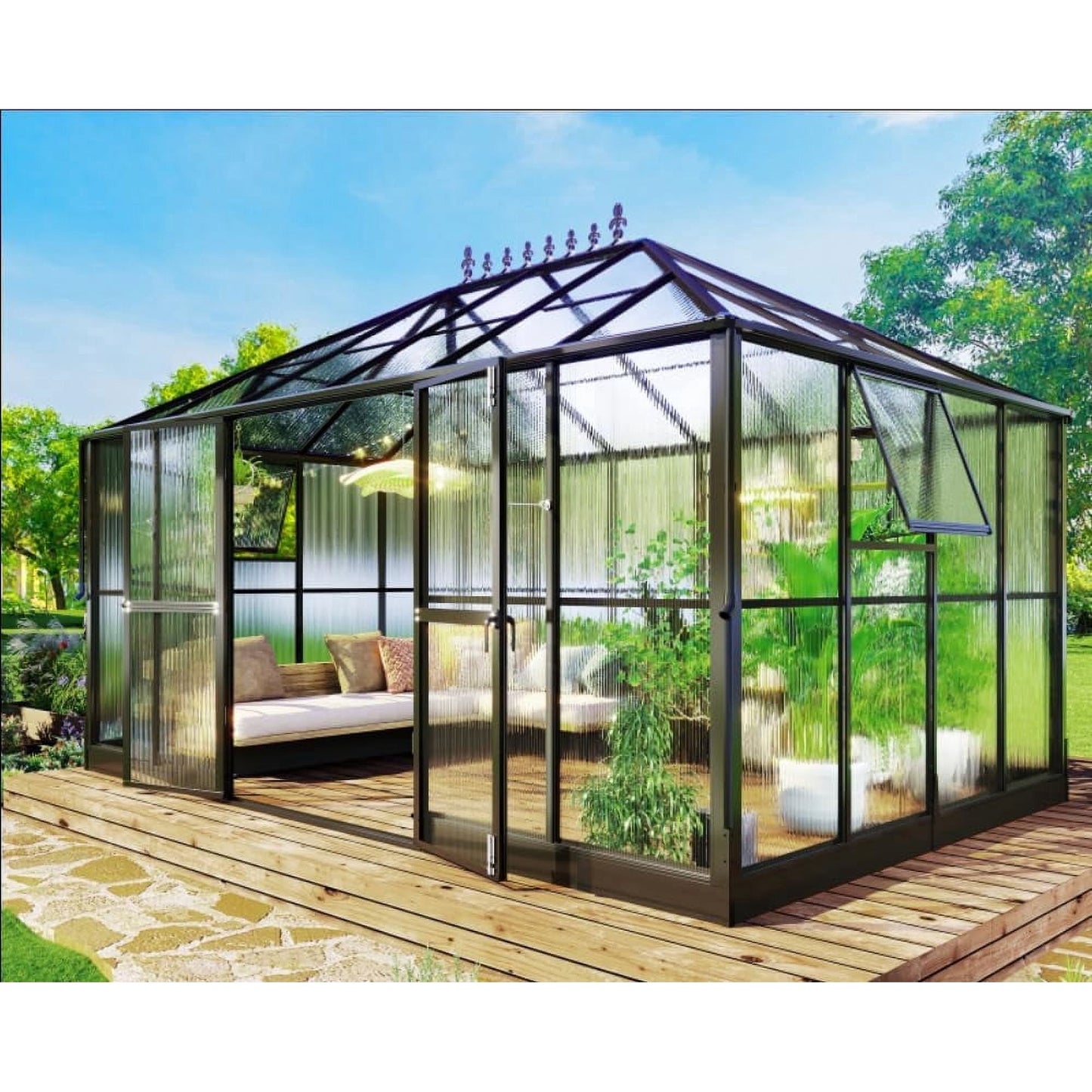 Jocisland 14x9.5x9 ft Steel Polycarbonate Greenhouse - 6 ft Wall Height Ventilation and Rain Gutter for Garden, Black