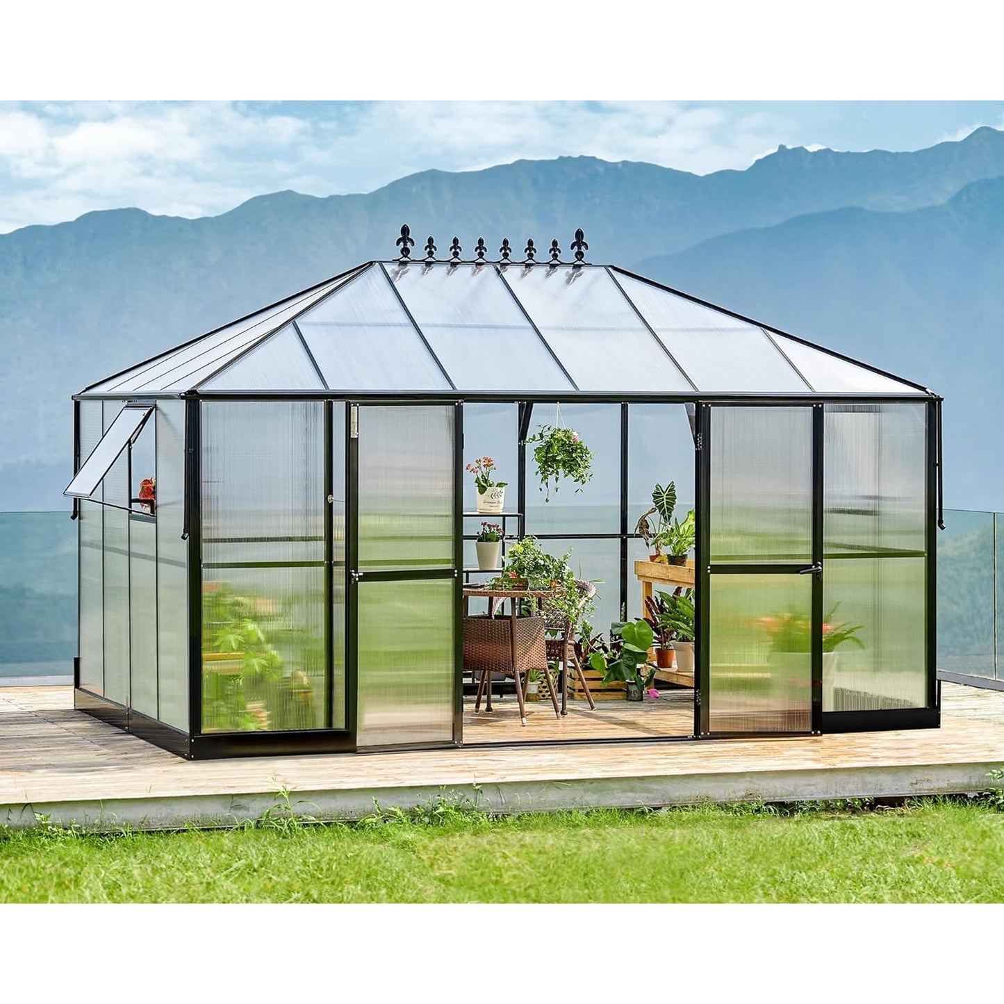 Jocisland 14x9.5x9 ft Polycarbonate Greenhouse Double Swing Doors 2 Vents 6FT Wall Height for Backyard Garden, 200lb,Aluminum Black