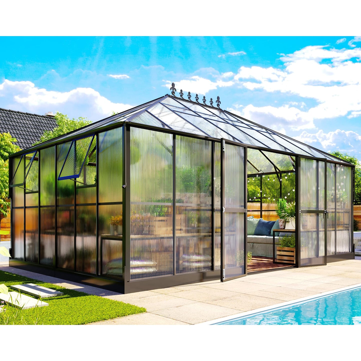 Jocisland 16x12x9.5 ft Polycarbonate Greenhouse- 6 ft Wall Height Outdoor Aluminum Walk-in Greenhouses with 2 Ventilation, for Backyard Garden