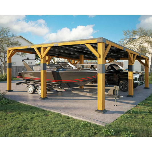 Jocisland 20x20x9.2 FT Cedar Wood Carport with Sloped Galvanized Steel Roof, Heavy Duty Outdoor Shelter for 2 Cars, Trucks, Boats & Tractors, Wind & Snow Resistant Pitch Roof Design