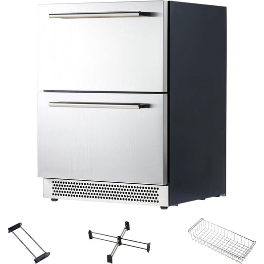 Jocisland 24" Under Counter Drawer Fridge, Stainless Steel Beverage Refrigerator, Dual Drawers, LED Control, Adjustable Storage, Frost-Free, Low Noise, 34-72℉, Indoor/Outdoor Use