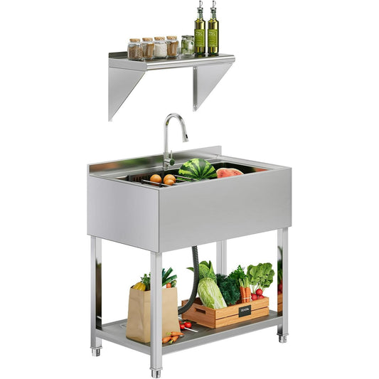 Jocisland 35.8"x21.7"x35.4" Stainless Steel Sink with Wall Rack, Single Bowl Utility Sink with Pull-Out Faucet, Freestanding Prep Station for Laundry, Kitchen or Utility Room