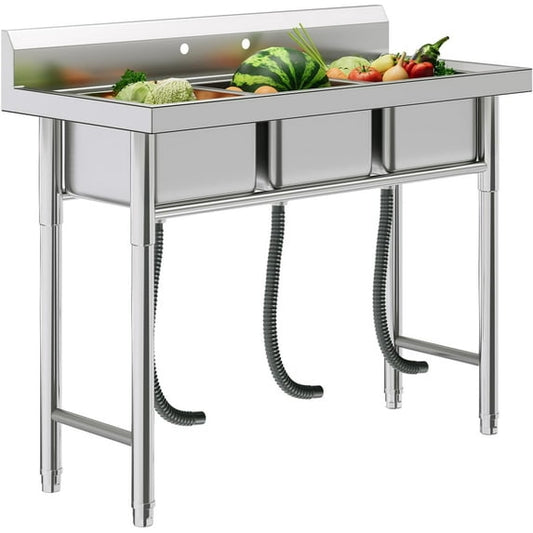 Jocisland 39"x17.7"x37.5" Triple-Bowl Stainless Steel Sink with Drainage Kit, R-Corner Design,Removable Strainers & Faucet Holes , Utility Sink for Kitchen, Laundry, Garage or Commercial Use