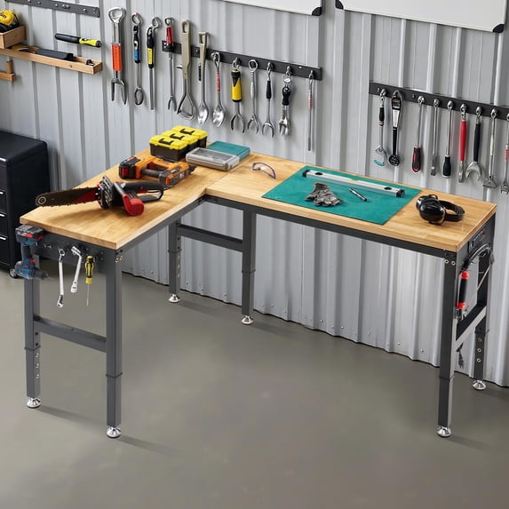 Jocisland Workbench with Power Strip, Adjustable Height Heavy Duty Work Table with Pegboard, 6000Lbs Load Capacity, for Garage