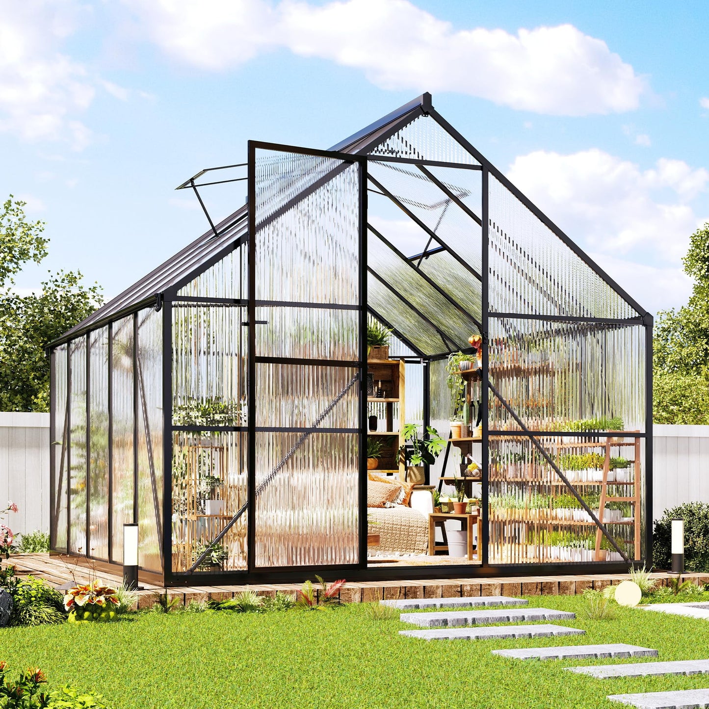 Jocisland Polycarbonate Greenhouse, Walk-in Aluminum with 2 top-opening windows, 2 Swing Doors, Heavy Duty Outdoor Greenhouse, Black