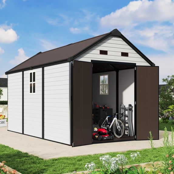 Jocisland Resin Storage Shed with Floor, Lockable Outdoor Storage Shed with Windows for Garden, Backyard, Patio, Lawn, White & Brown