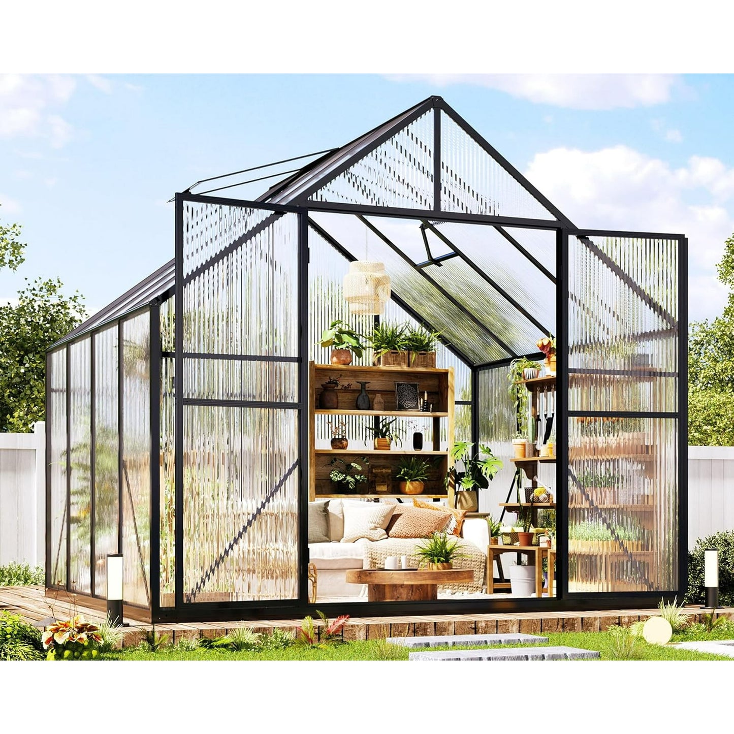 LUXOAK 8x8x7 FT Polycarbonate Greenhouse, Walk-in Aluminum with 2 top-opening windows, 2 Swing Doors, Heavy Duty Outdoor Garden Greenhouse, Black