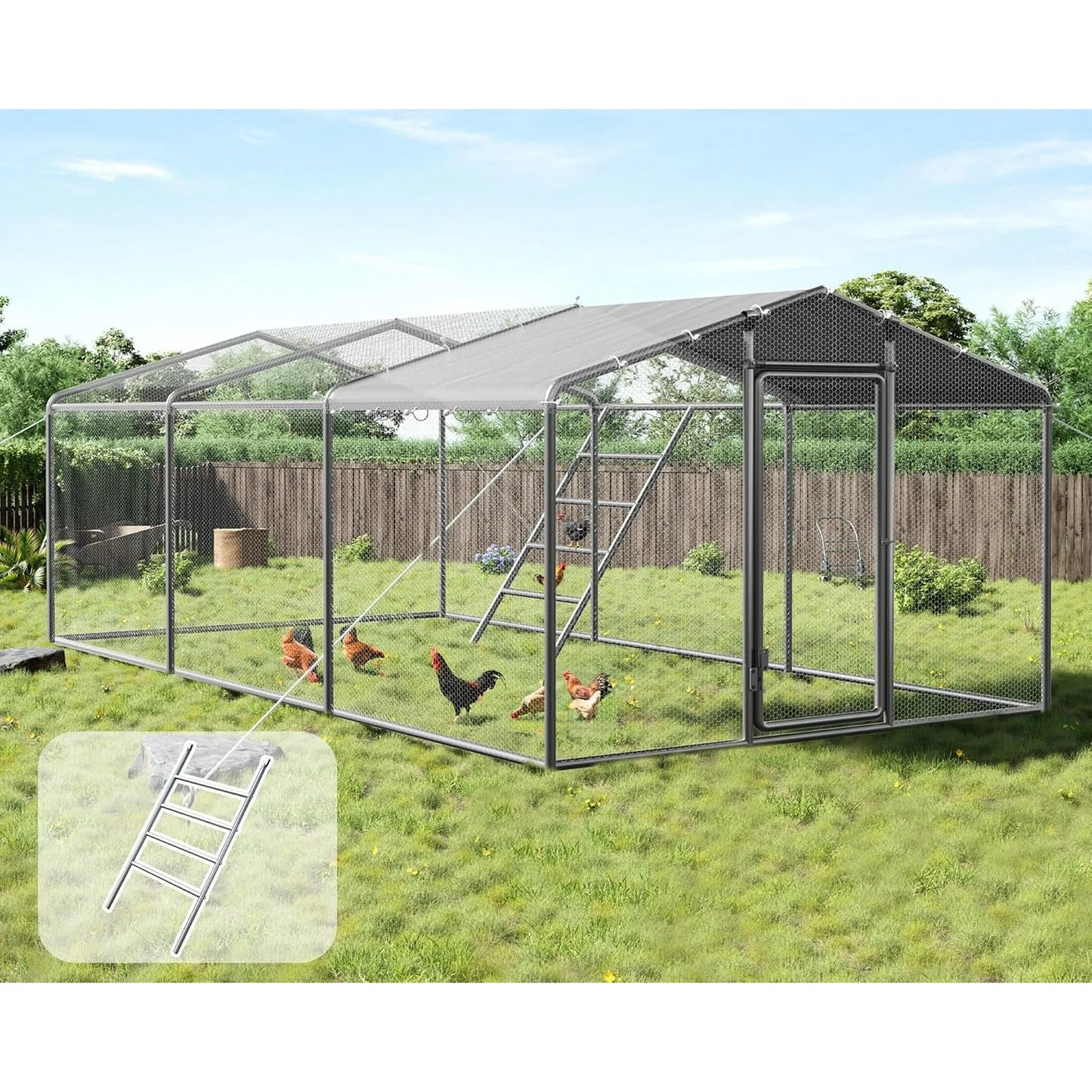 Jocisland Large Chicken Coop with Perch and Hinged Door, Spire Roof Walk-in Chicken Run with Metal Frame and PE Cover for Backyard Poultry, Ducks, Rabbits