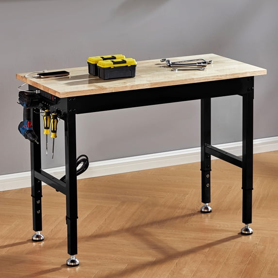 Jocisland Adjustable Workbench with Power Outlets, 2000 lbs Capacity Rubber Wood Top Work Benches for Garage, Heavy Duty Work bench, Office, Workshop