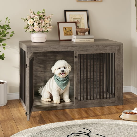 Jocisland Large Corner Dog Crate Furniture with Storage and Divider, Grey