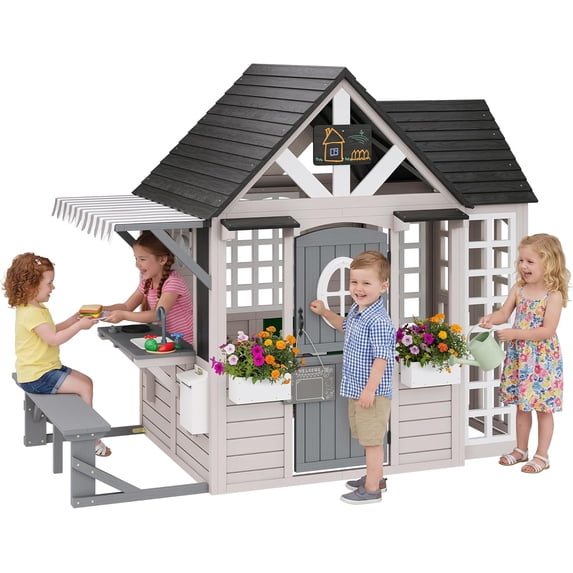Jocisland Kids Outdoor Wooden Playhouse with Kitchen Set, Mailbox & Doorbell, Durable Wood Construction for 3–8 Years Old Boys & Girls
