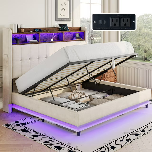 Merluxy Lift Up Bed Frame with Charging Station & LED Lights, Upholstered Bookcase Headboard with Wingback, Hydraulic Lift Storage, No Box Spring Needed, Sturdy Wood Slats Support