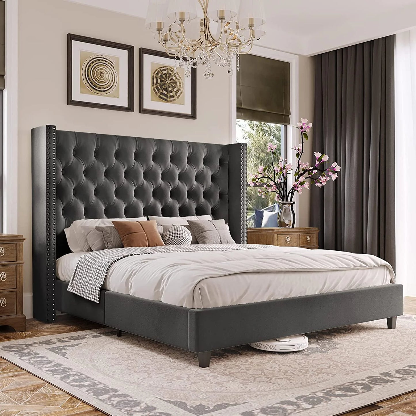Jocisland Bed Frame Upholstered Bed Wingback Headboard Velvet Tufted Deep Button/No Box Spring Needed/Easy Assembly