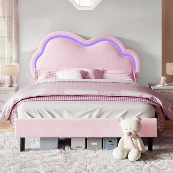 Merluxy LED Bed Frame Velvet Upholstered Platform Bed with Adjustable Cloud Headboard, No Box Spring Needed