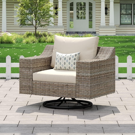Jocisland Outdoor Glider Rocking Chair, Wicker 360° Swivel Patio Chairs with 6" Wide Armrests, with Thick Cushions, for Porch/Deck/Garden/Backyard