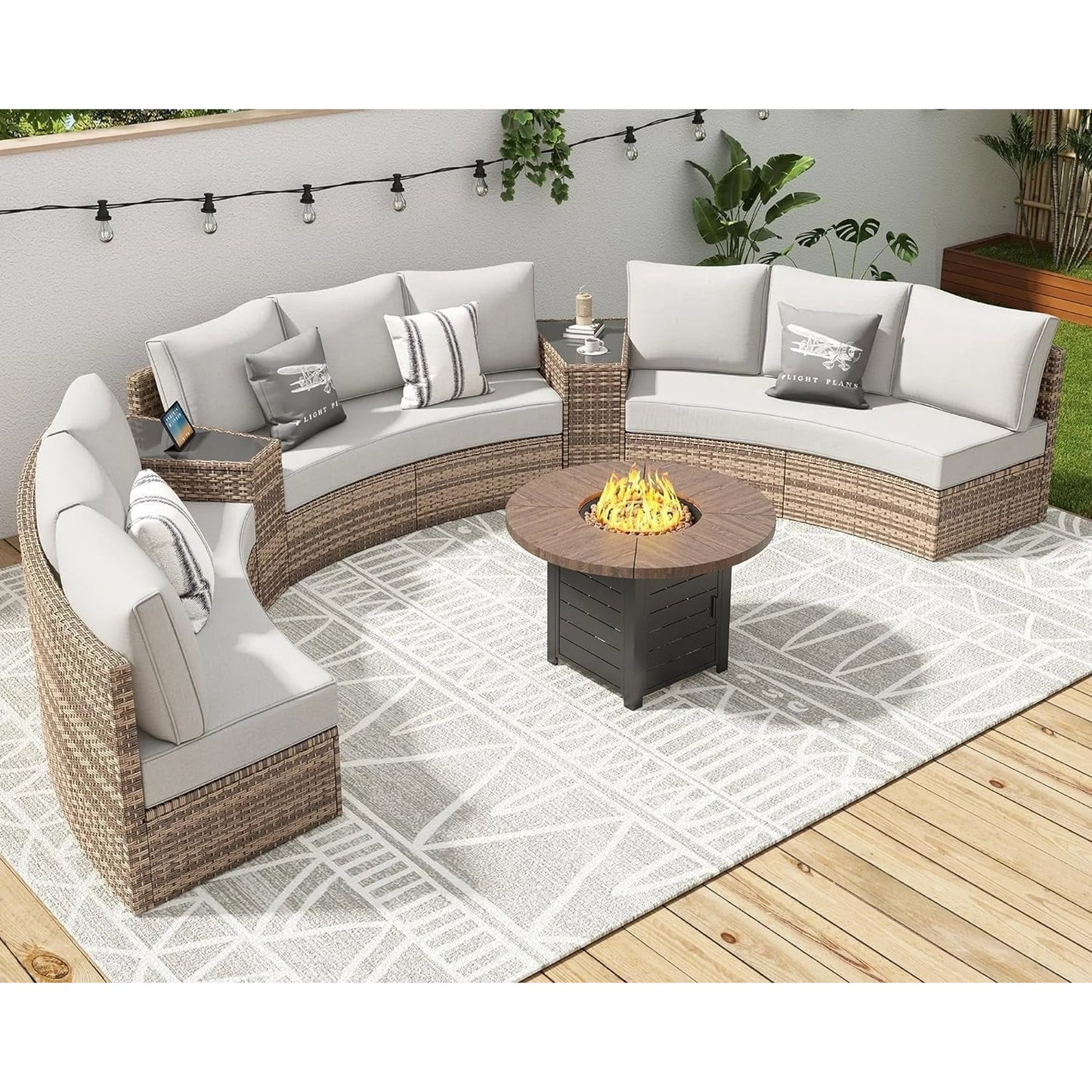 Jocisland Patio Furniture Sets, Half-Moon Sectional Round Sofa Set, Outdoor Patio Furniture with Cushions & Wedge Table for Beach, Pool, Balcony