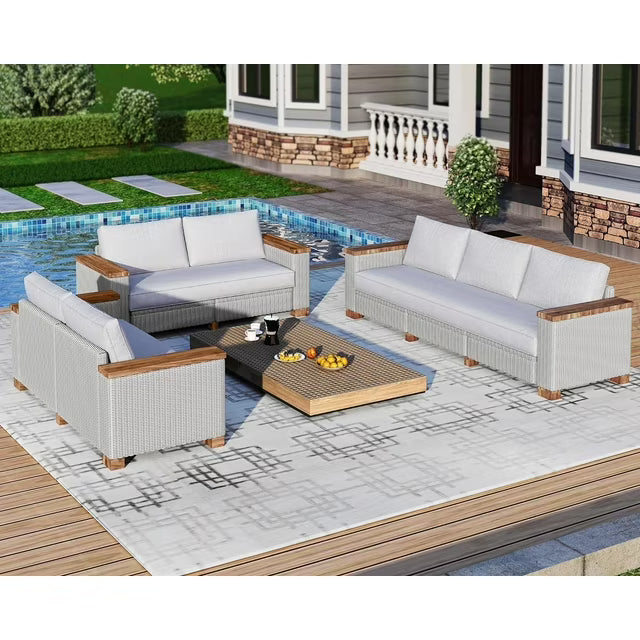 Jocisland Patio Furniture Sets, Wicker Sofa Set, with Outdoor Patio Cushions & 5.9" Wider Wood Armrest