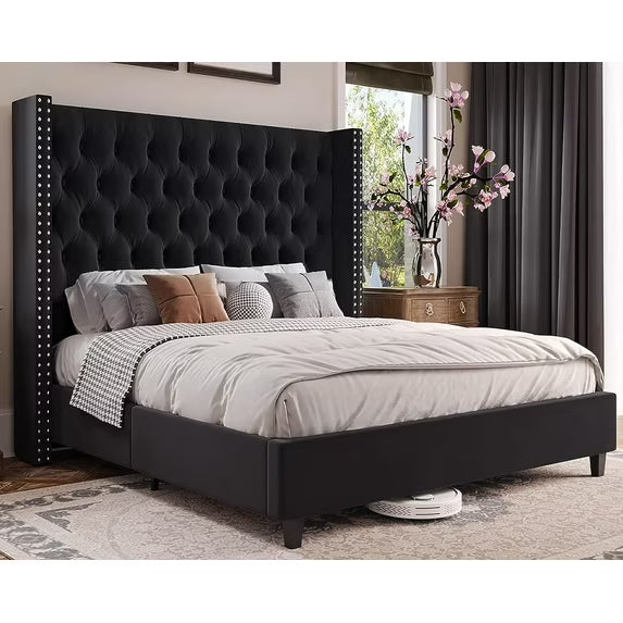 Jocisland Bed Frame Upholstered Bed Wingback Headboard Velvet Tufted Deep Button/No Box Spring Needed/Easy Assembly
