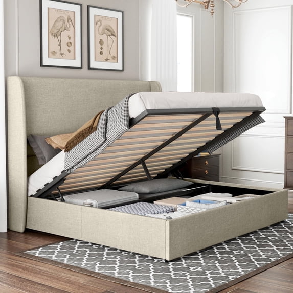 Merluxy Queen Bed Frame with Lift Up Storage and Linen Upholstered/Wingback Headboard/Khaki