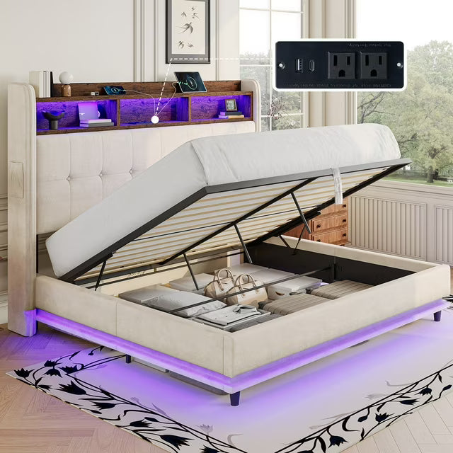 Merluxy Lift Up Bed Frame with Charging Station & LED Lights, Upholstered Bookcase Headboard with Wingback, Hydraulic Lift Storage, No Box Spring Needed, Sturdy Wood Slats Support