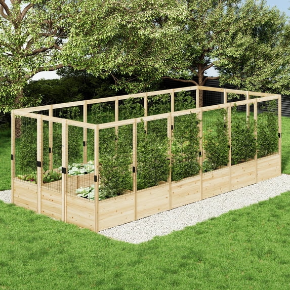 Jocisland Raised Garden Bed with Deer Proof Fence, 7.5'' W × 17'' D × 6'' H Outdoor Wooden Raised Garden Bed Planter with 19" Depth Planter Box