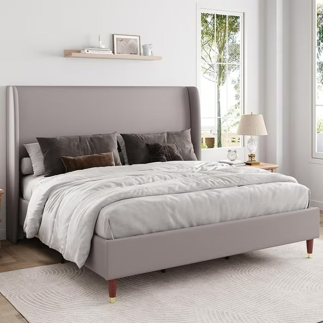 Merluxy Bed Frame with 51.2" Wingback Headboard, Linen Upholstered, No Box Spring Needed
