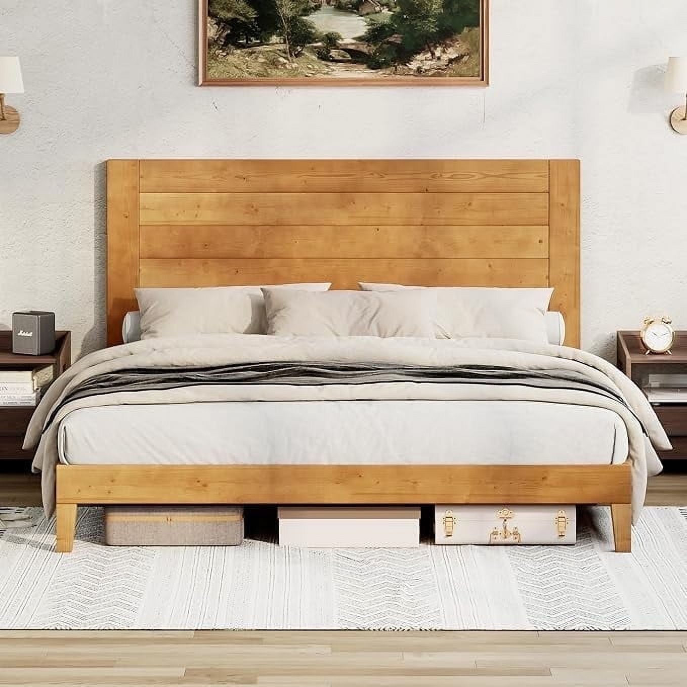 VANACC Solid Wood Bed Frame with 48.6" Headboard, Mid-Century Platform Bed Frame
