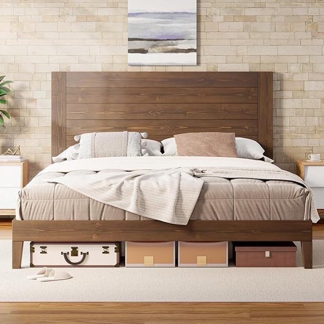 VANACC Solid Wood Bed Frame with 48.6" Headboard, Mid-Century Platform Bed Frame