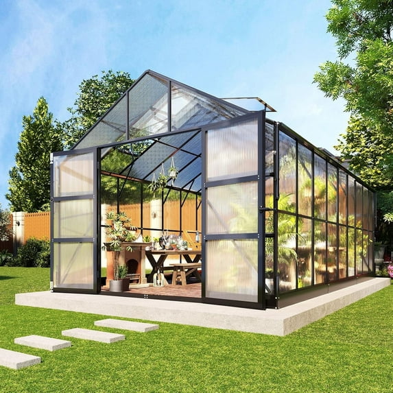 LUXOAK Polycarbonate Greenhouse with 4 Roof Vents & Rain Gutter, Heavy Duty Aluminum Greenhouse for Outdoor Garden Backyard