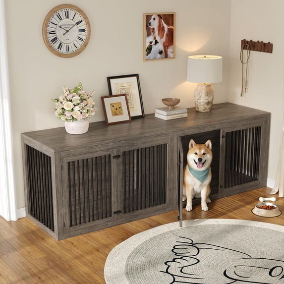 LUXOAK 128" Corner Dog Crate Furniture with Divider, Grey