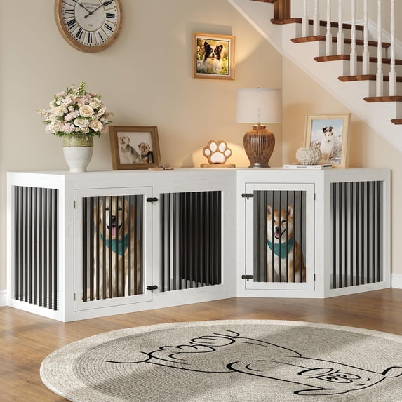 LUXOAK 128" Extra Large Corner Dog Crate Furniture with Storage and Divider, White