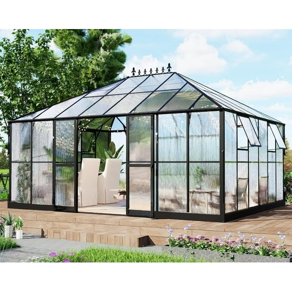 LUXOAK 16x12x9.5 ft Polycarbonate Greenhouse, Aluminum with 2 Vent Windows and Rain Gutter, Double Doors with Hook, Walk-in for Garden Backyard