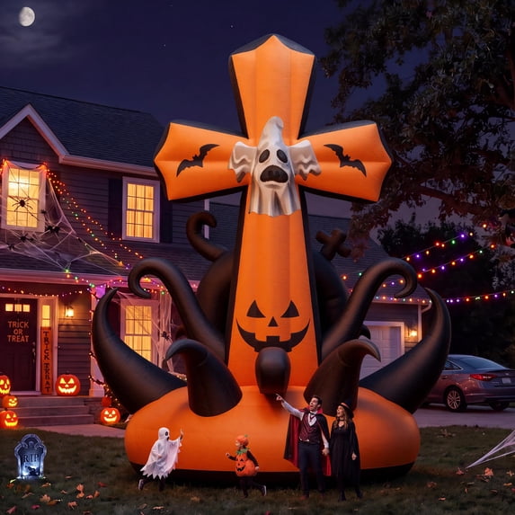 LUXOAK Halloween Inflatable Giant Pumpkin Cross with Blower, Commercial, 420D Oxford Fabric, LED Lights Not Included, Outdoor Use