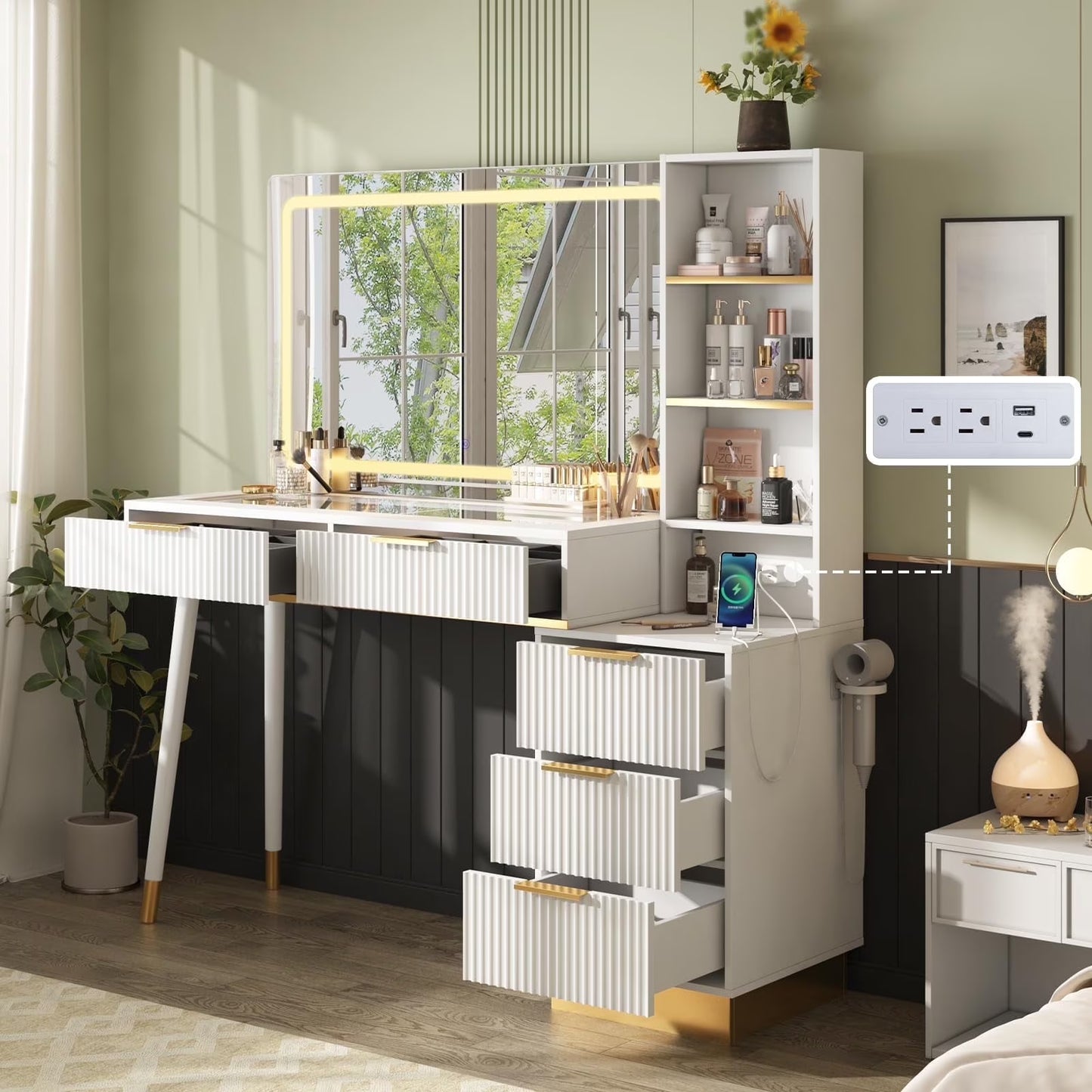 LUXOAK 48" Vanity Desk with 35" Lighted Mirror, Large Makeup Vanity Cabinet with 5 Drawers