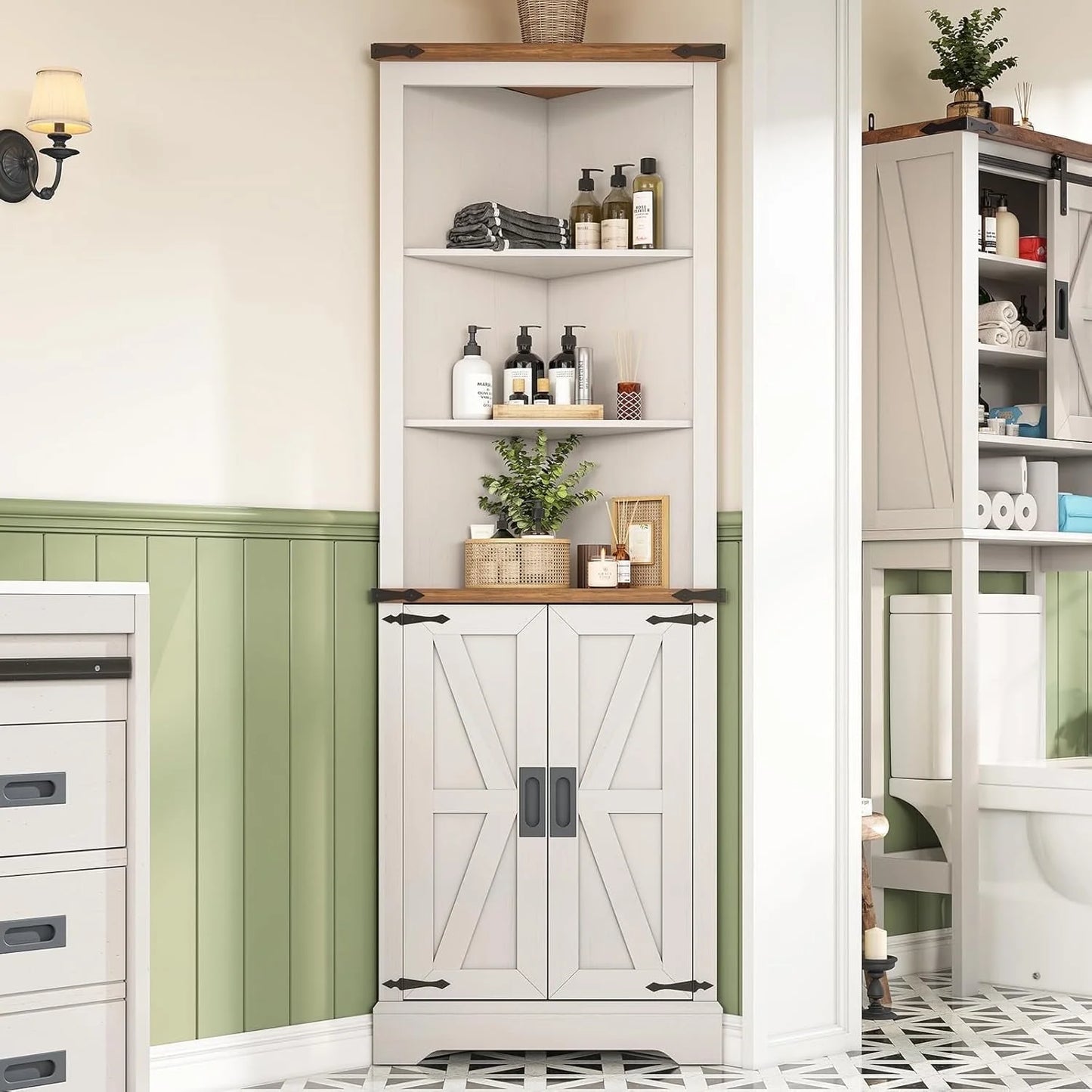 LUXOAK 68" Tall Corner Cabinet, Farmhouse Design with Barn Door
