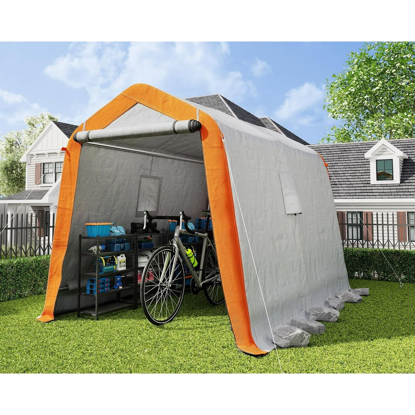 LUXOAK 6x8x6.6 ft Heavy Duty Portable Shed Storage Shelter, Outdoor Storage Shed with Roll-up Zipper Door & 2 Waterproof Windows, Carport for Motorcycle, Bike, Grey
