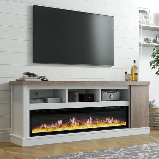 75” Fireplace TV stand with 60” Electric Fireplace, Chunky Entertainment Center with Wood Grain, Color Clash Entertainment Stand for TVs up to 85”, White&Grey