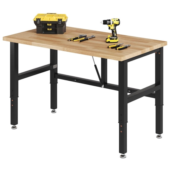 LUXOAK Folding Workbench, Adjustable Foldable Workbench, 34.7"-40" Height Adjustable, Rubber Wood Top for Garage, Workshop, Office