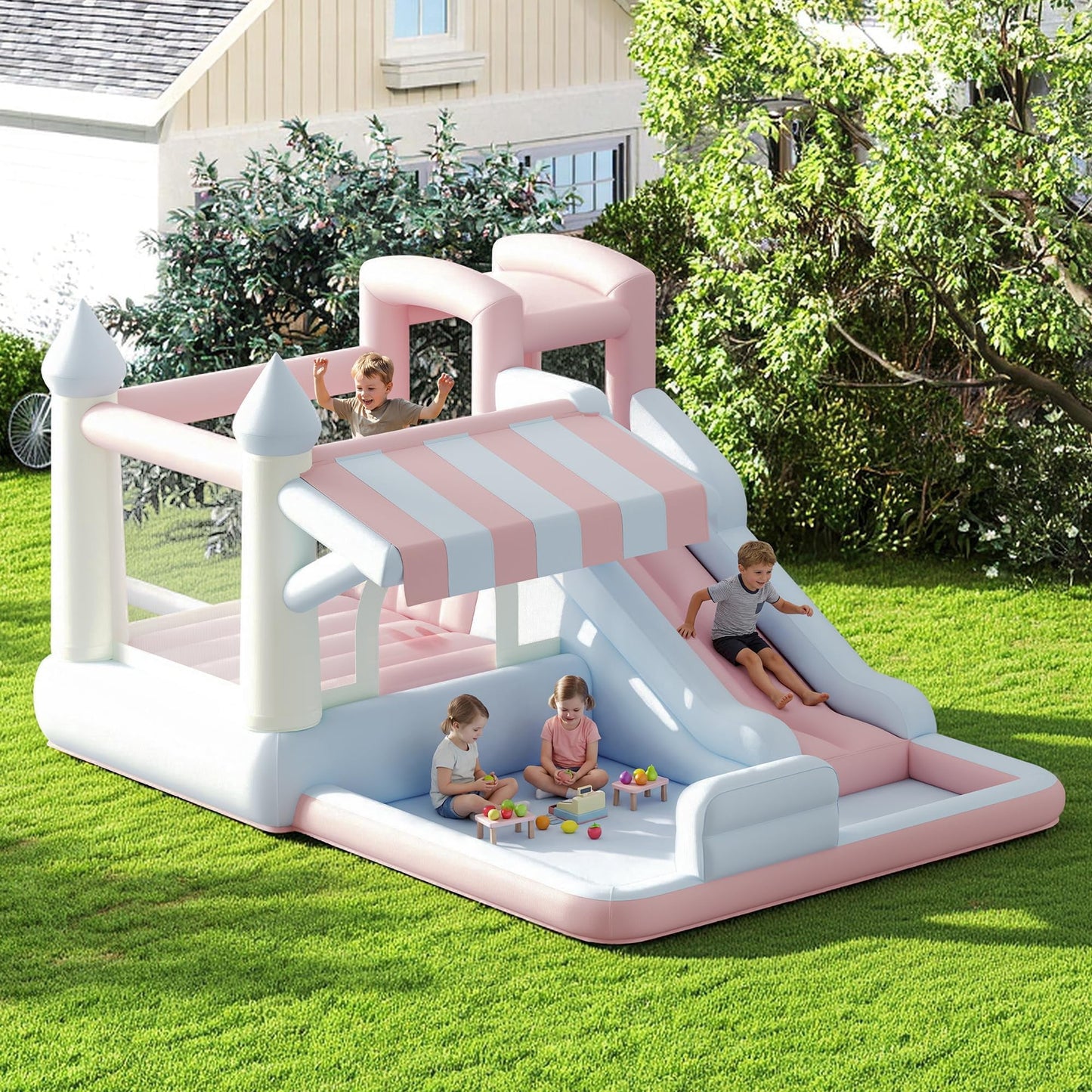 LUXOAK Inflatable Bounce House, Water Slide with Jumping Area, Climbing Wall and Splash Pool, Air Blower Included, Pastel Color