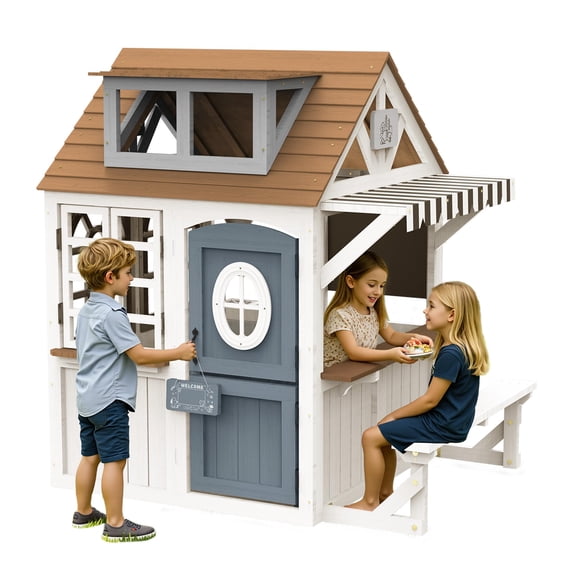 LUXOAK Kids Outdoor Wooden Playhouse with Kitchen Set, Chalkboard, Durable Fir Wood Construction with Waterproof Roof & Rust-Resistant Hinges