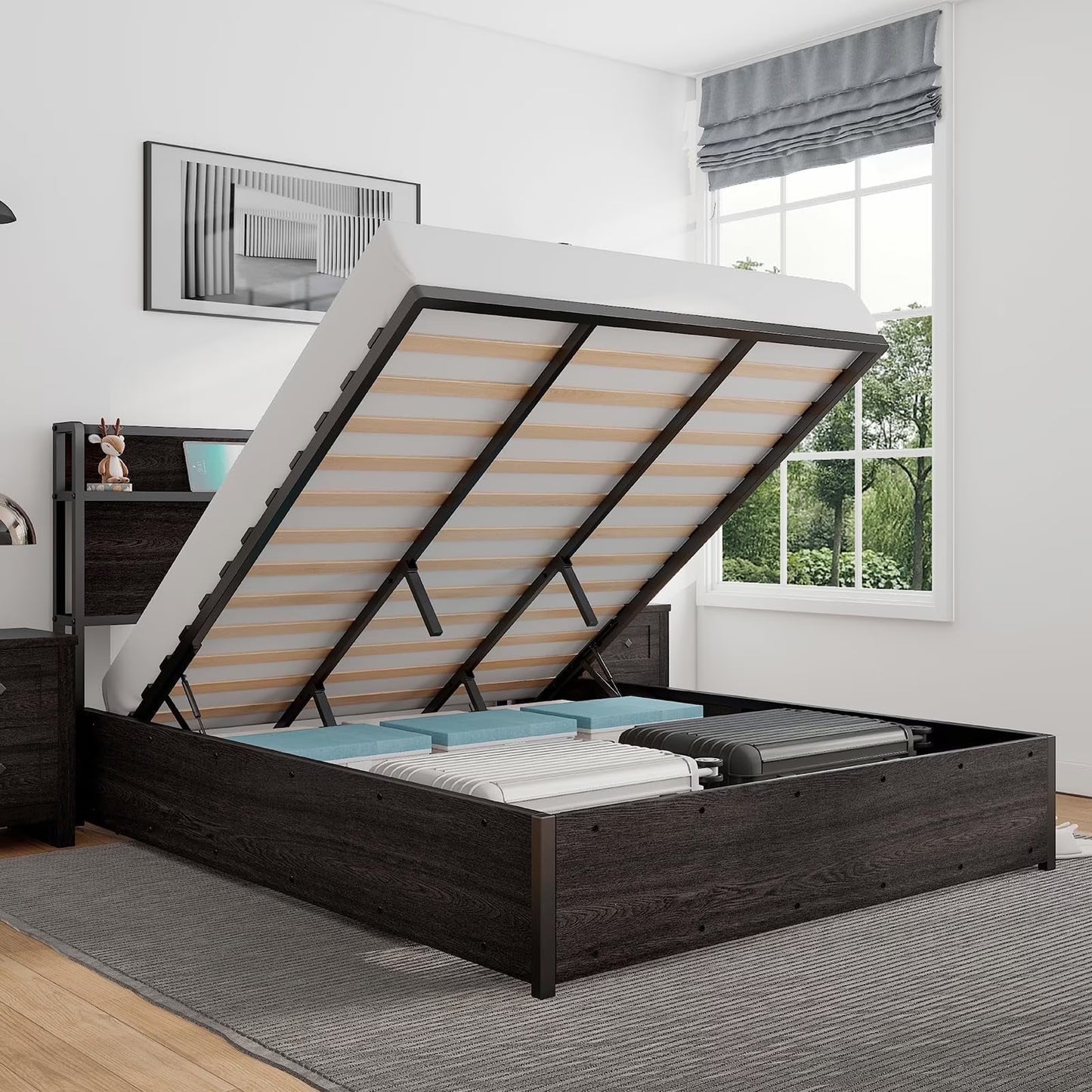 LUXOAK Bed Frame with Lift Up Storage Platform and Charging Station