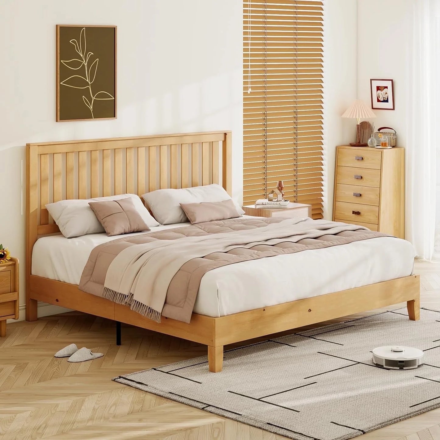 VanAcc Solid Wood Bed Frame with Headboard, Mid-Century Platform Bed