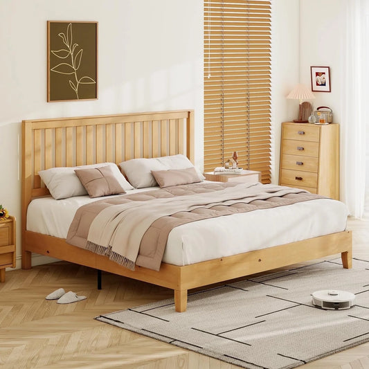 VanAcc Solid Wood Bed Frame with Headboard, Mid-Century Platform Bed