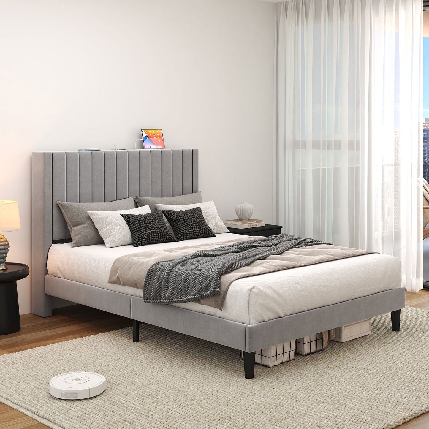 LUXOAK Bed Frame, Noise Free Upholstered Bed with Wood Support