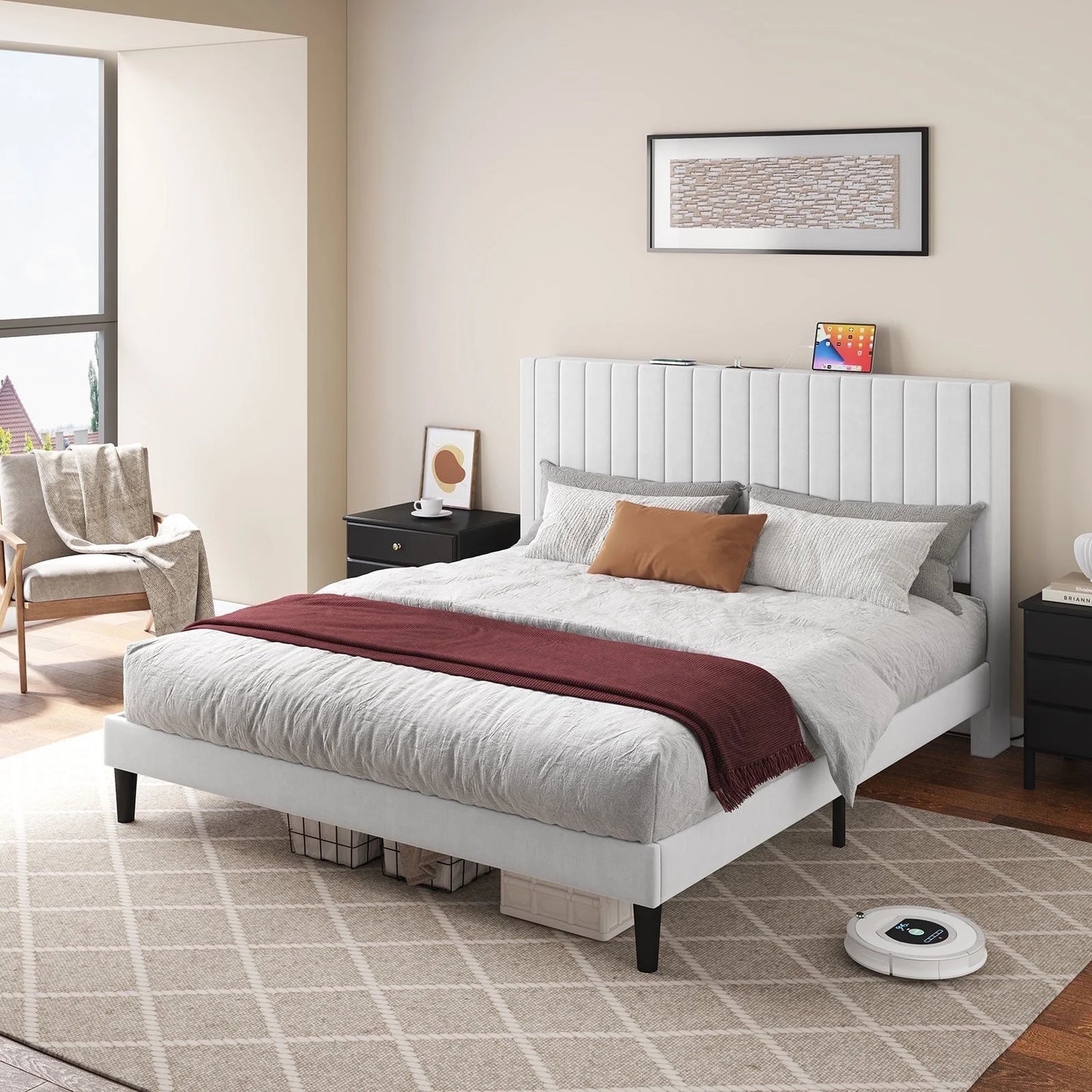 LUXOAK Bed Frame, Noise Free Upholstered Bed with Wood Support