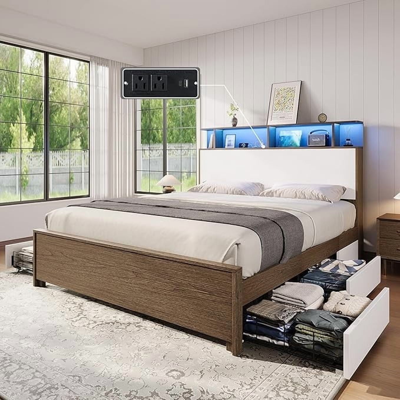 LUXOAK Bed Frame with 49.2" Headboard, Storage Drawers and LED Lighting
