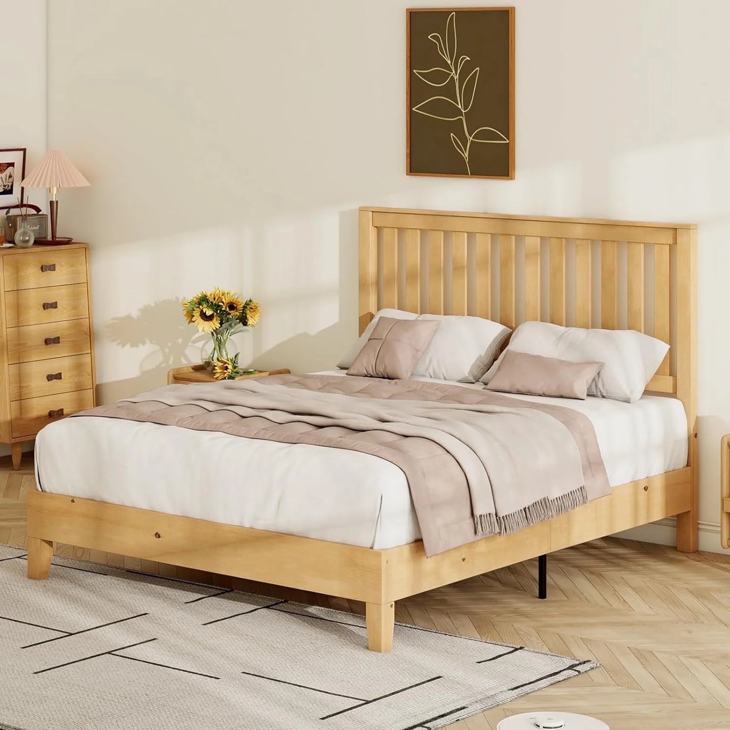 VanAcc Solid Wood Bed Frame with Headboard, Mid-Century Platform Bed