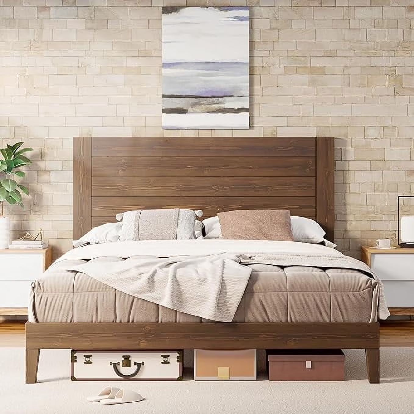 Papajet Solid Wood Bed Frame with 48.6" Mid-Century Headboard & Wood Slats